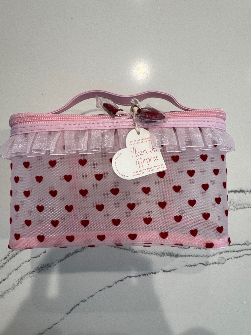 NWT Anthropologie Heart on Repeat Velvet Flocked Mesh Cosmetic Train Case
